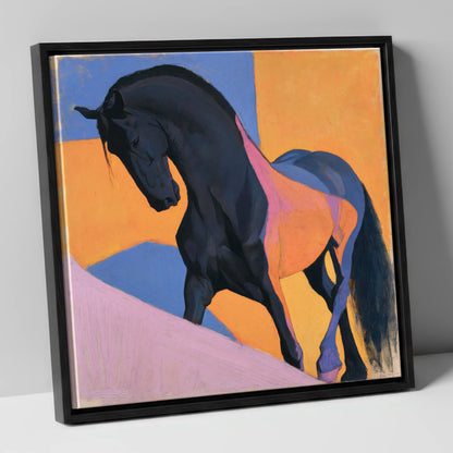 Black Stallion on Bold Orange horse breed canvas wall art in black frame