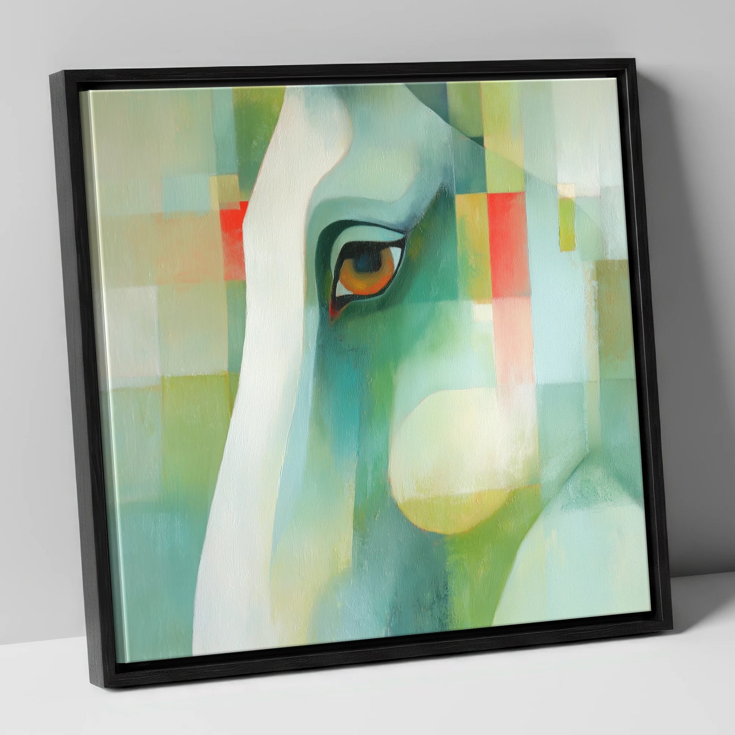 The Geometric Gaze horse portrait canvas wall art in black frame