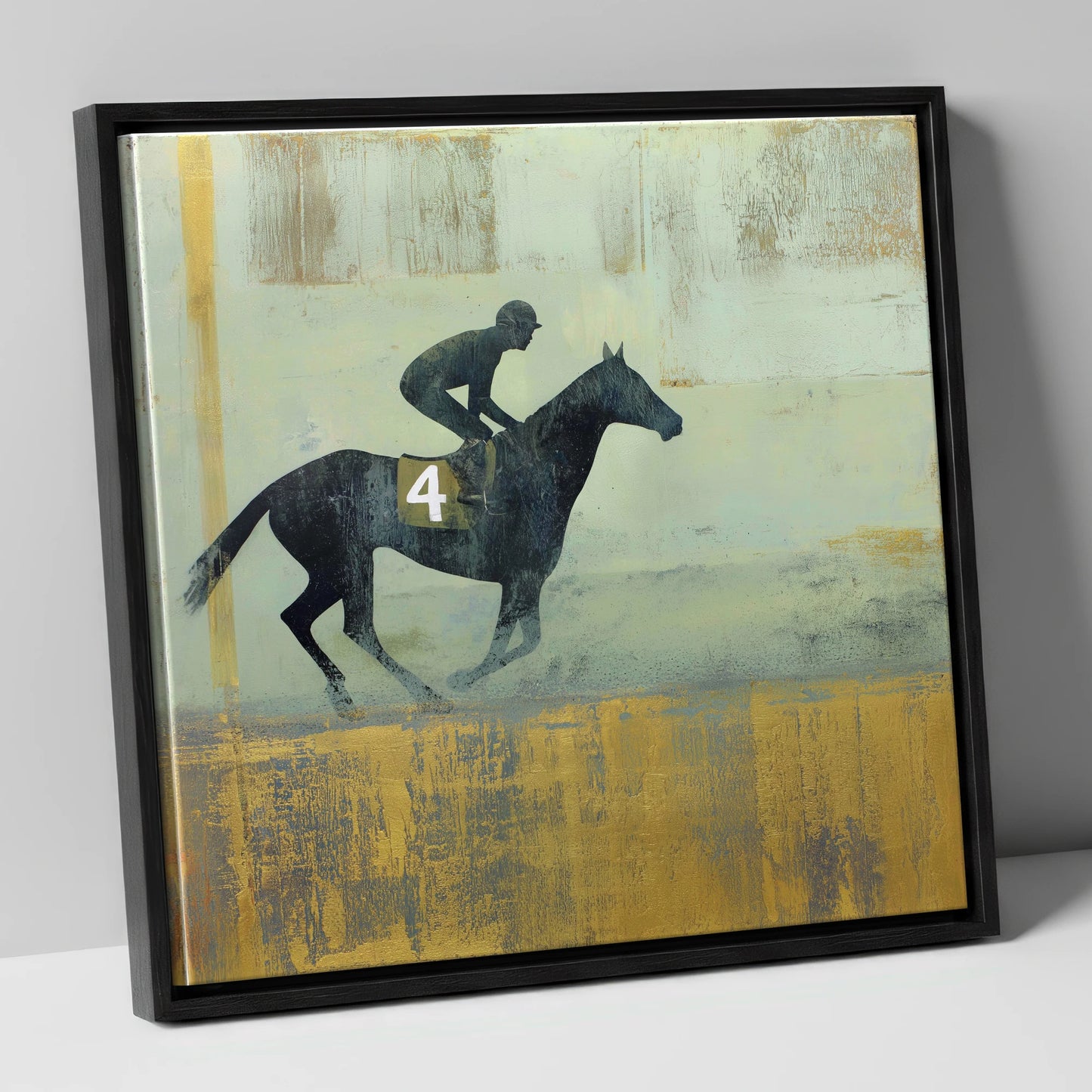 The Gilded Gallop racing horse canvas wall art in black frame