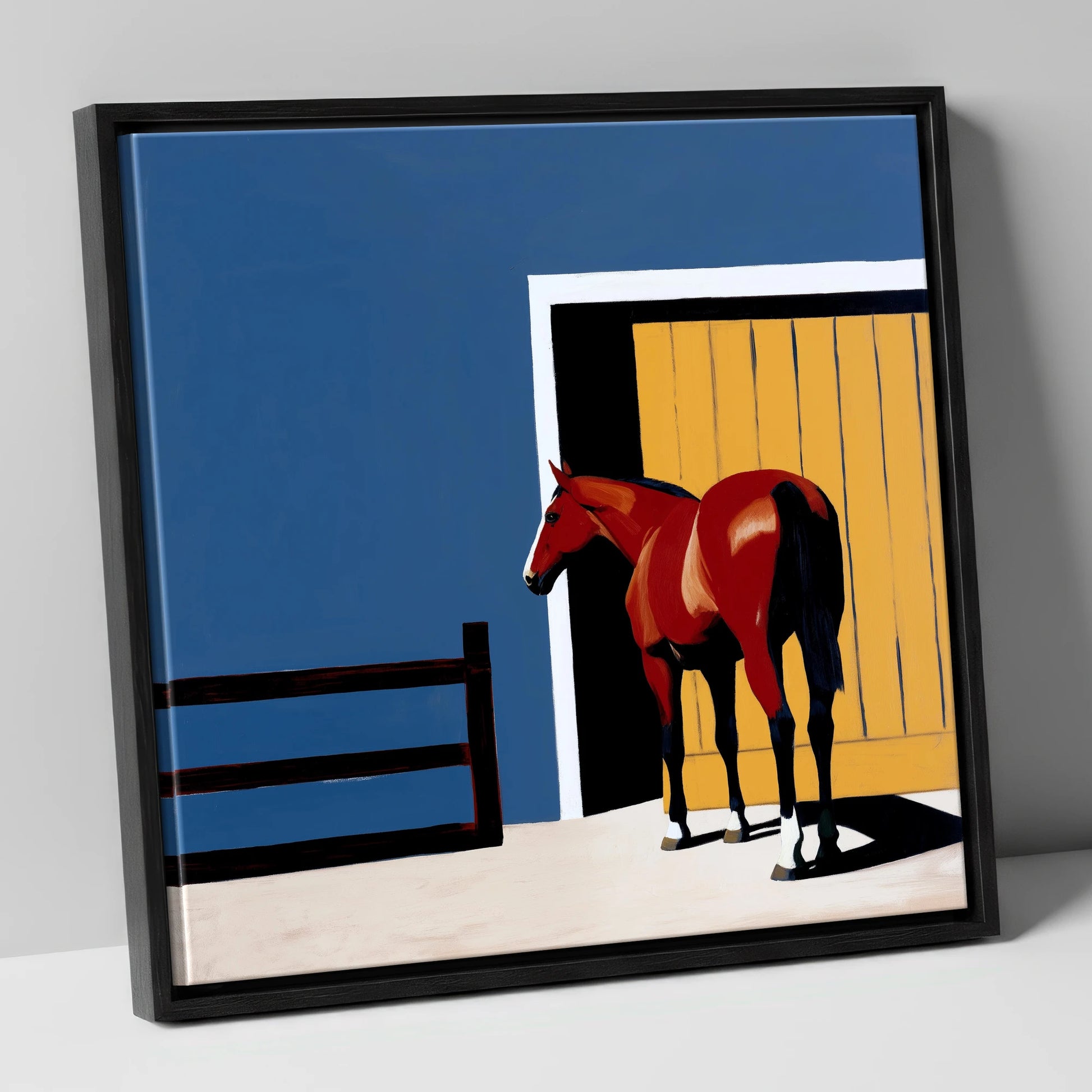 Chestnut at the Door horse stable canvas wall art in black frame