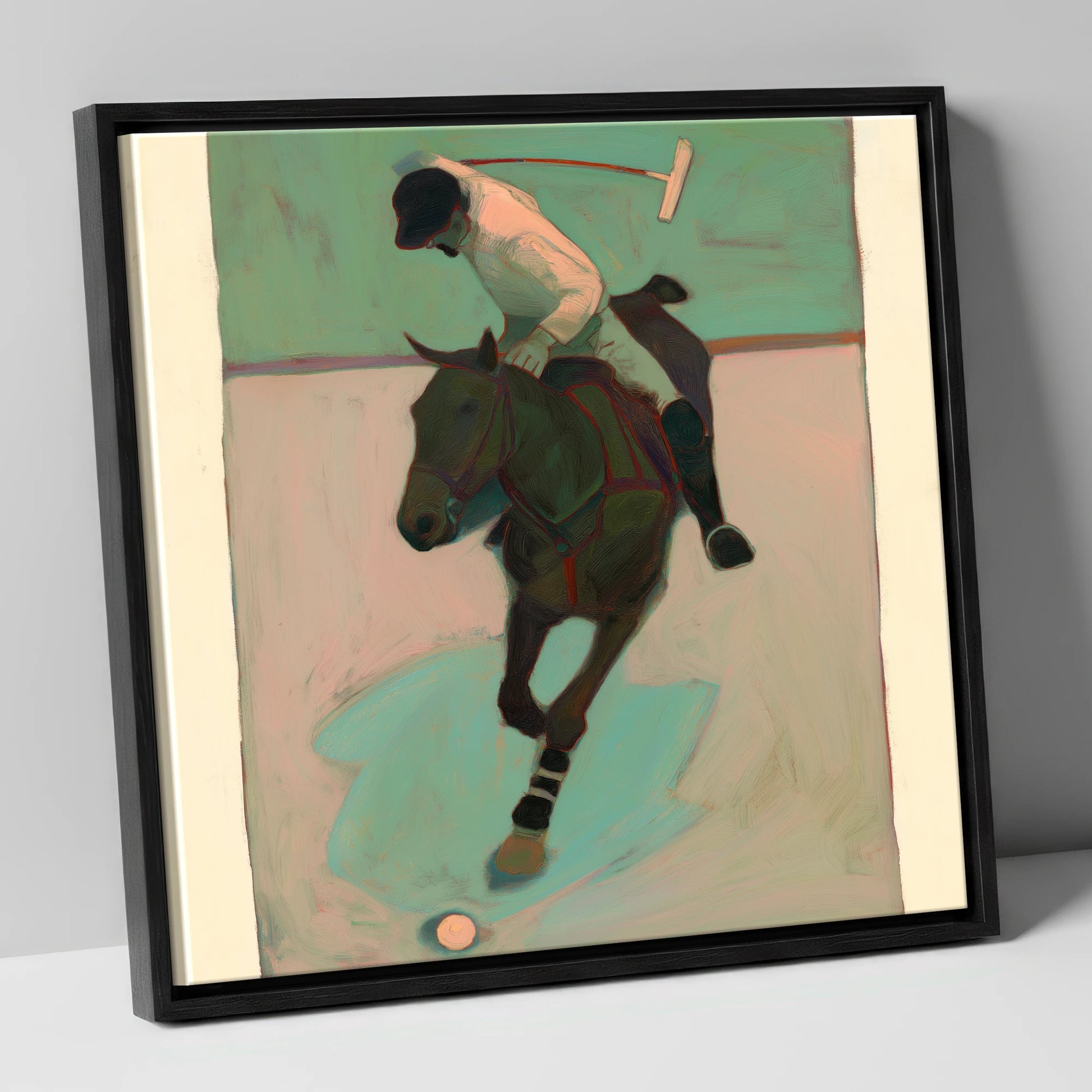 Turning on the Ball polo horse canvas wall art in black frame