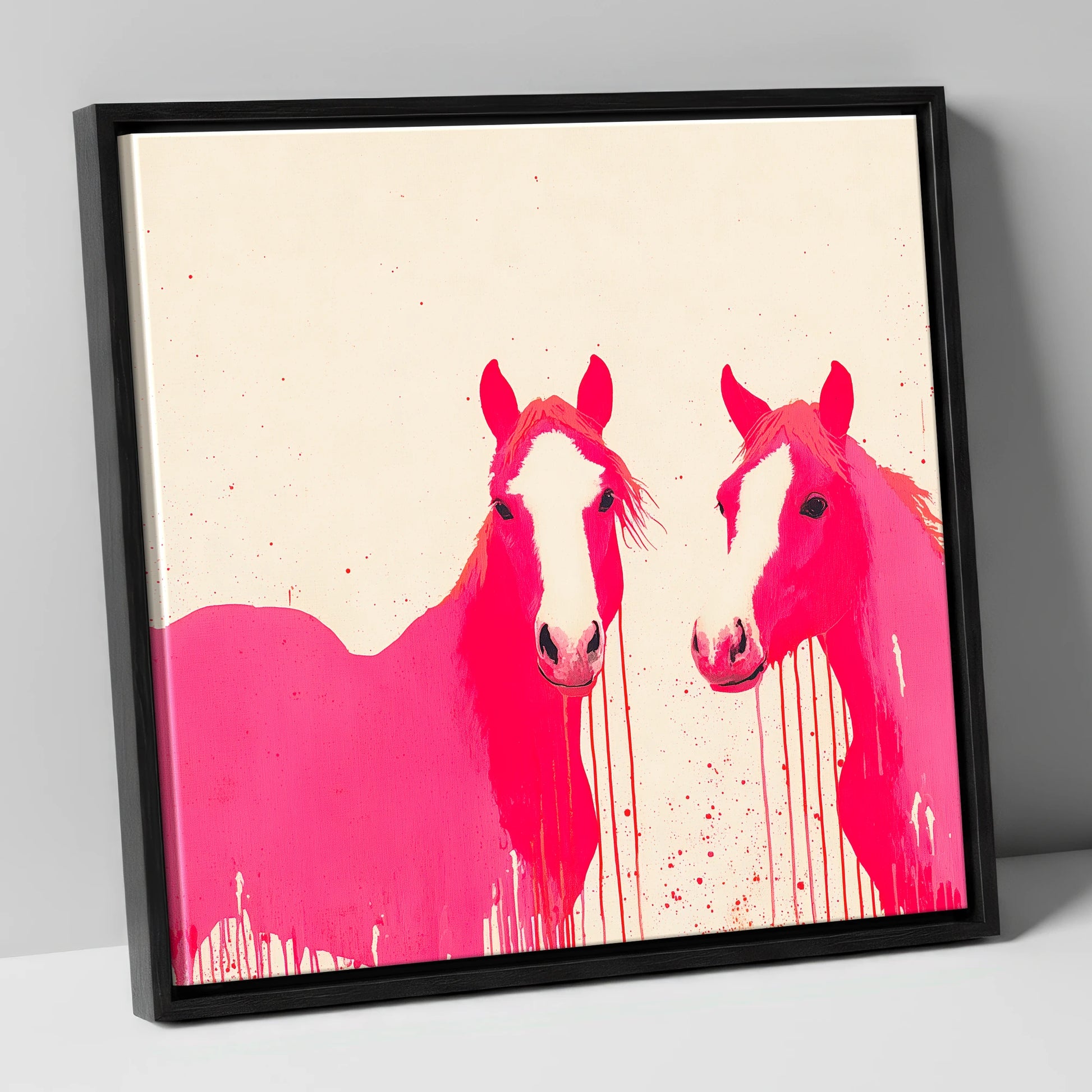 Vivid Pink Companions horse landscape canvas wall art in black frame
