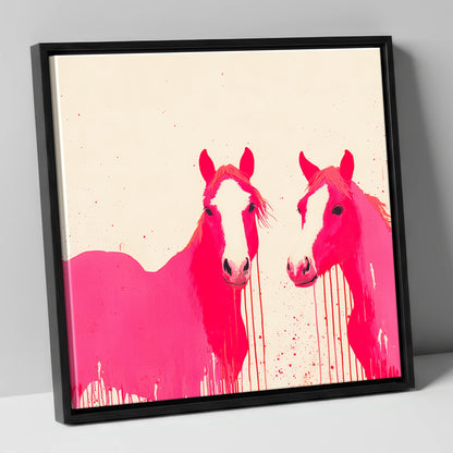 Vivid Pink Companions horse landscape canvas wall art in black frame