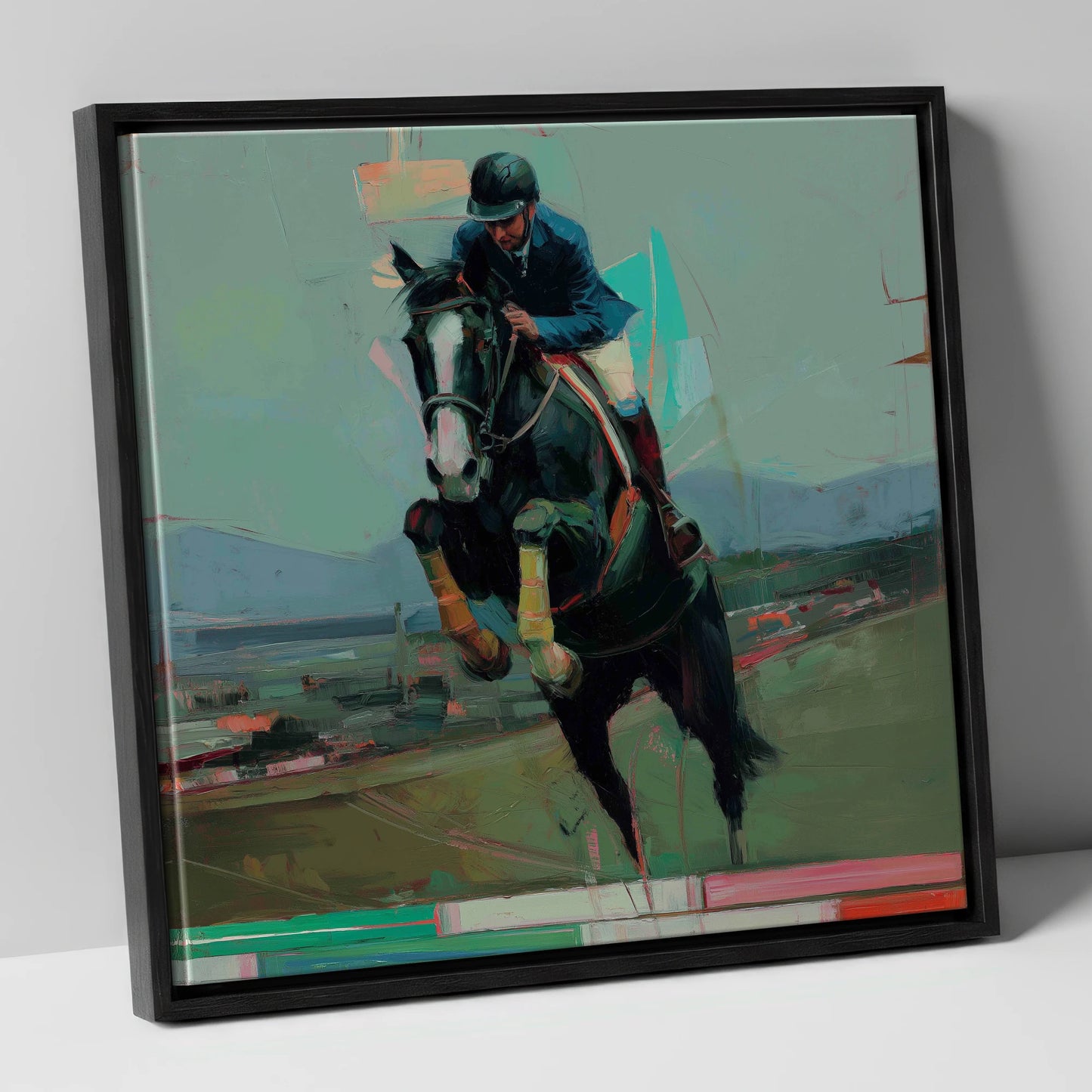Bold Ascent show jumping horse canvas wall art in black frame