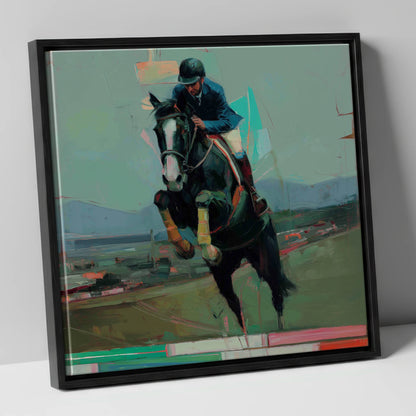 Bold Ascent show jumping horse canvas wall art in black frame