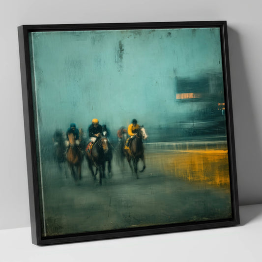 Thundering Through The Mist racing horse canvas wall art in black frame