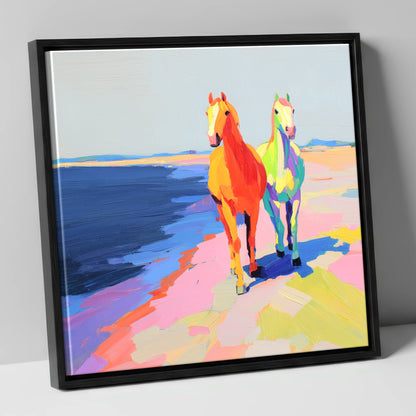 Vibrant Coastal Companions horse landscape canvas wall art in black frame