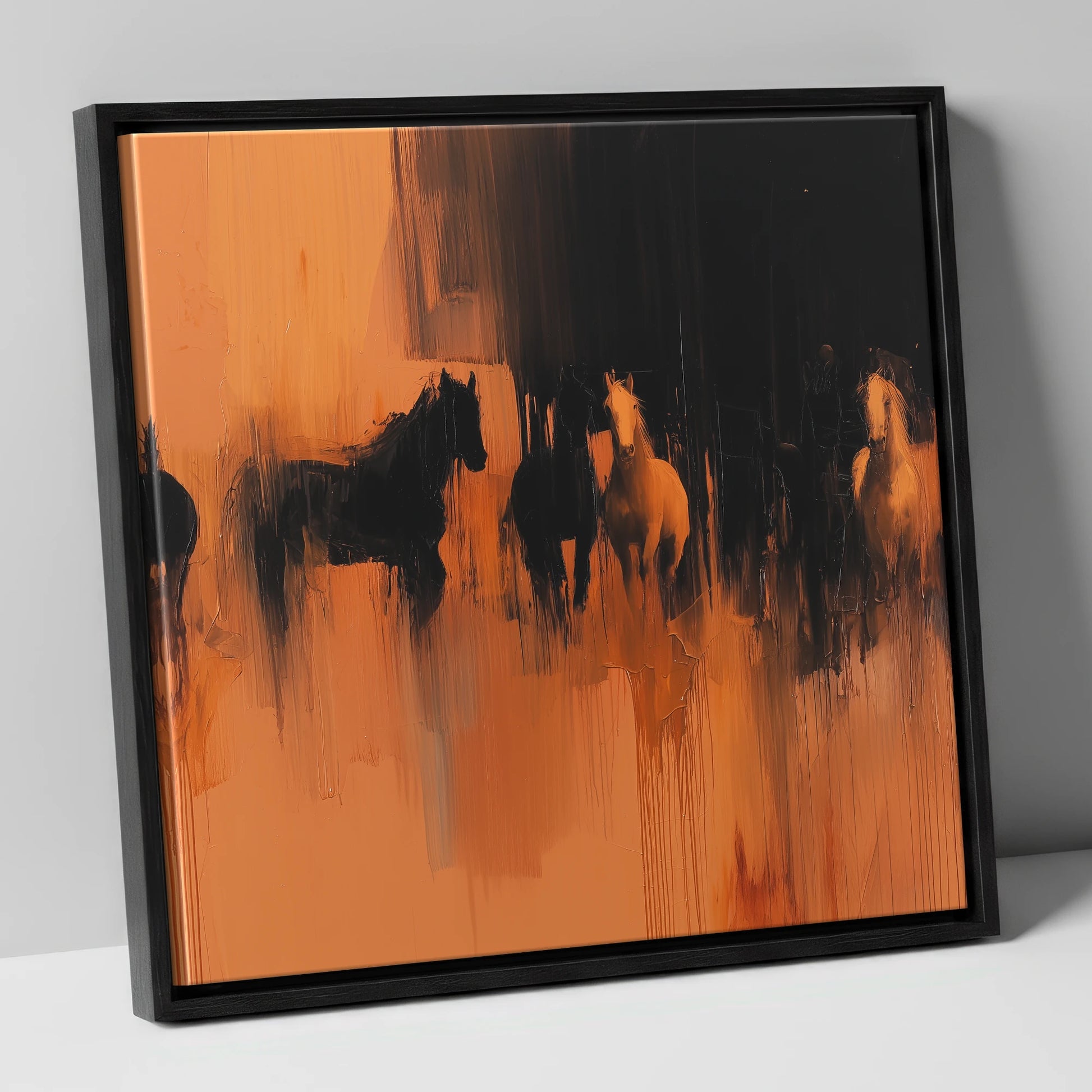 Ember and Shadow wild horses canvas wall art in black frame