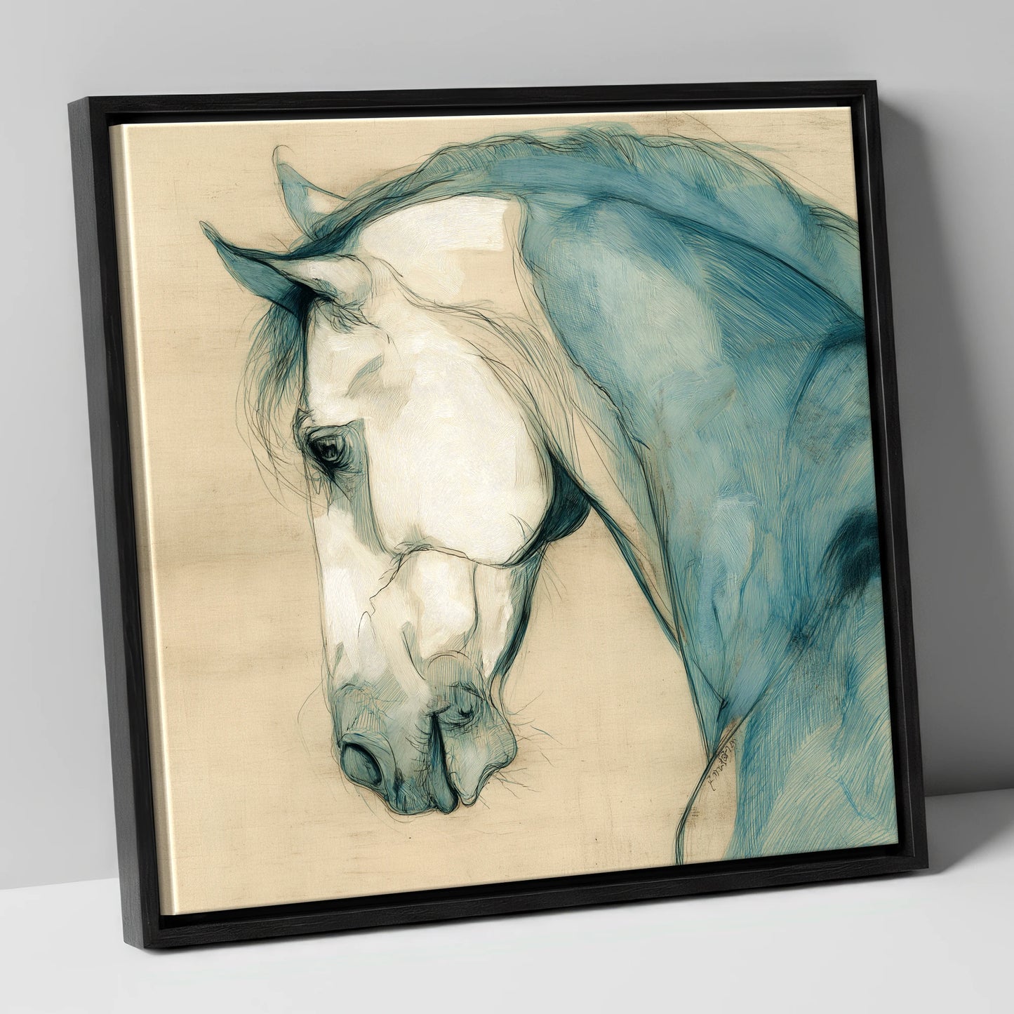 Teal Equine Study horse portrait canvas wall art in black frame
