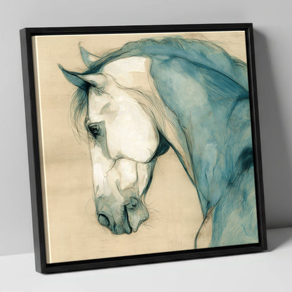 Teal Equine Study horse portrait canvas wall art in black frame