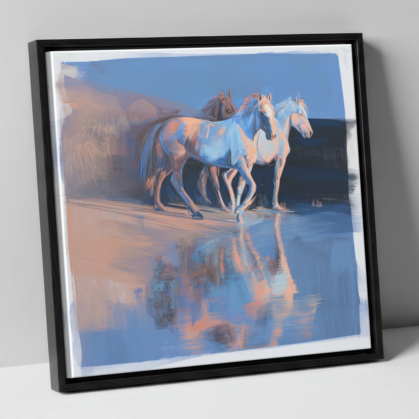 Wild Reflections at Dawn wild horses canvas wall art in black frame