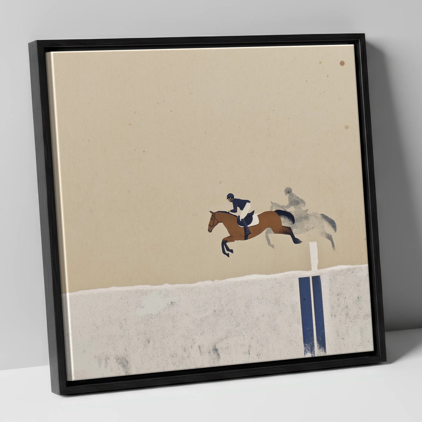 Suspended in Flight show jumping horse canvas wall art in black frame