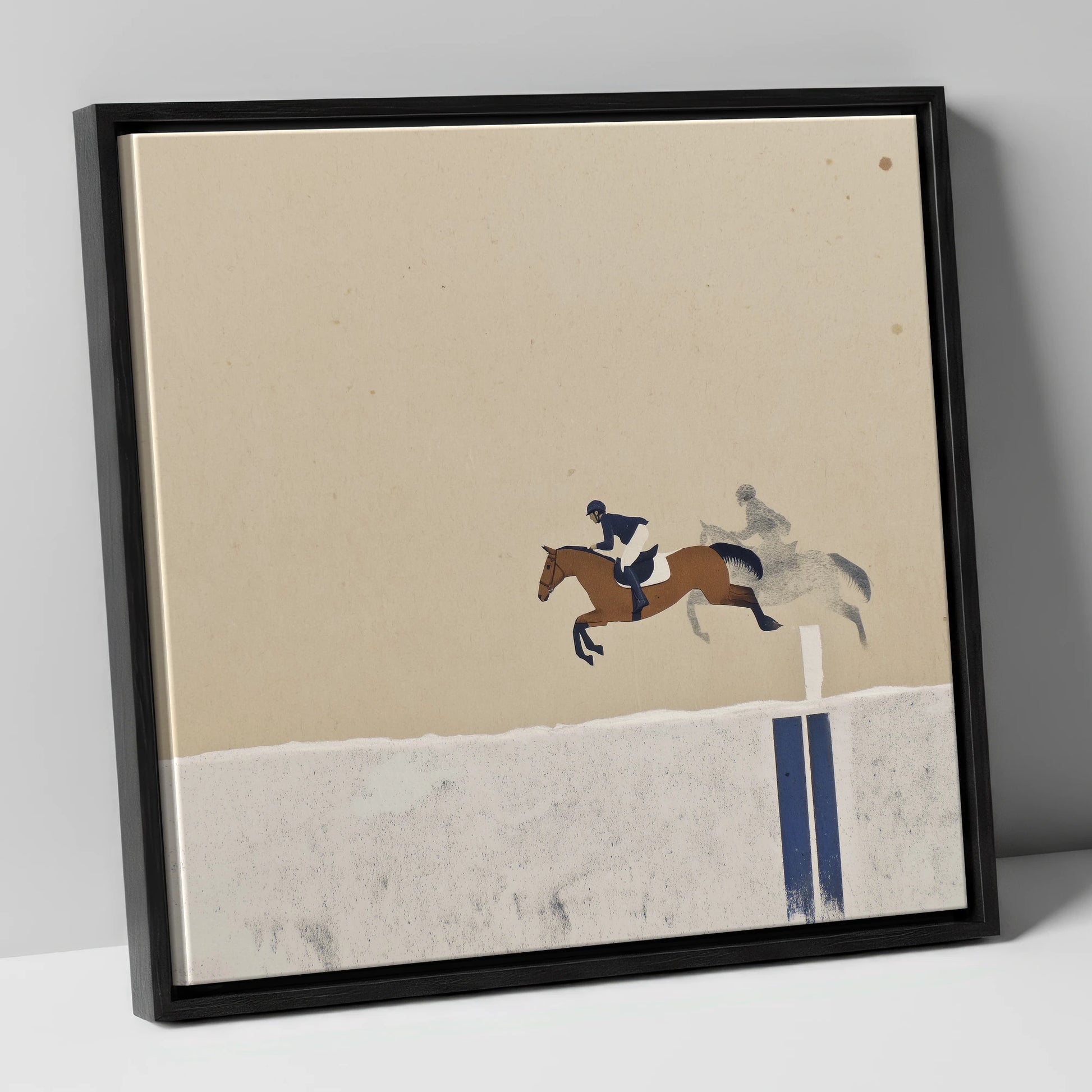 Suspended in Flight show jumping horse canvas wall art in black frame