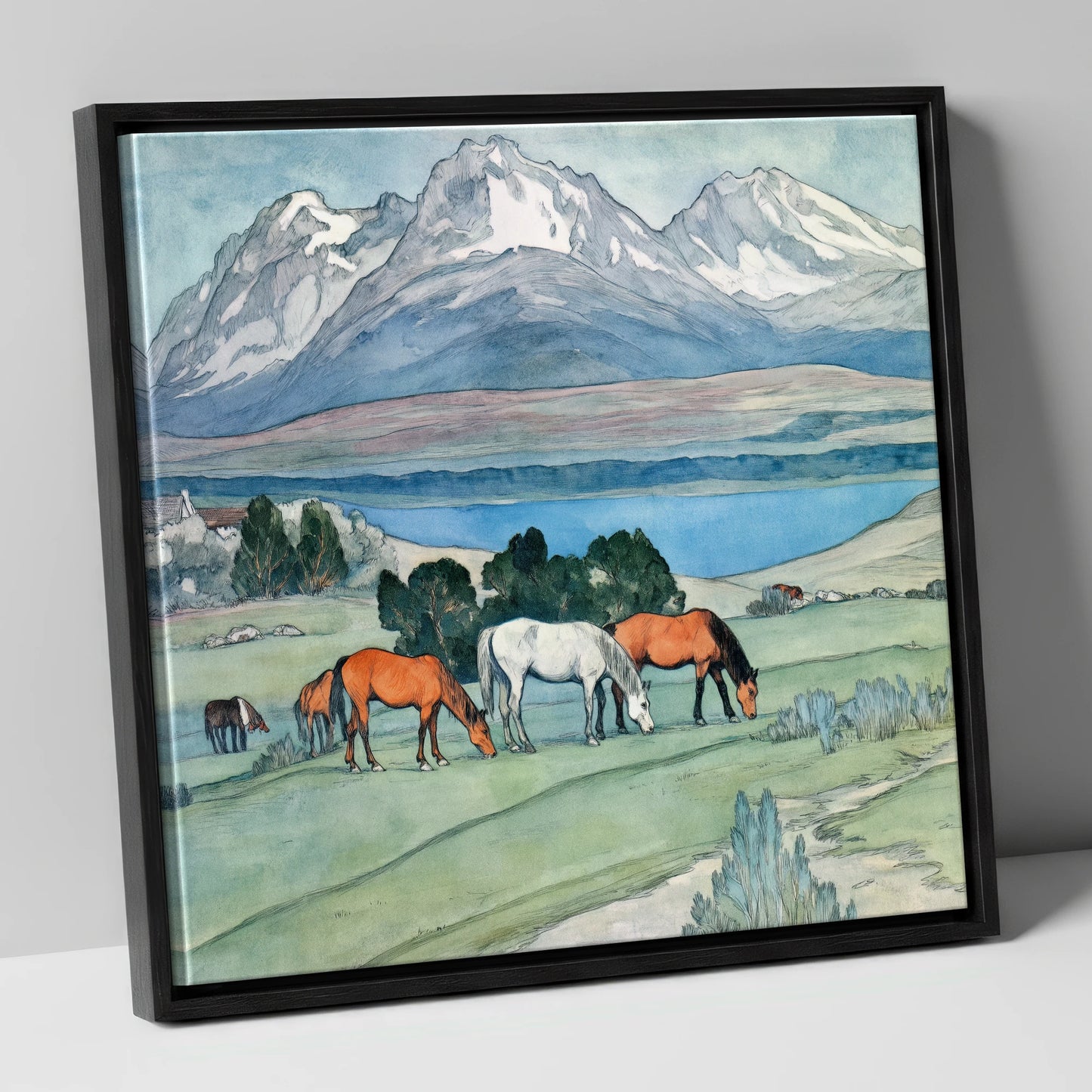 Alpine Lake Pastures horse landscape canvas wall art in black frame