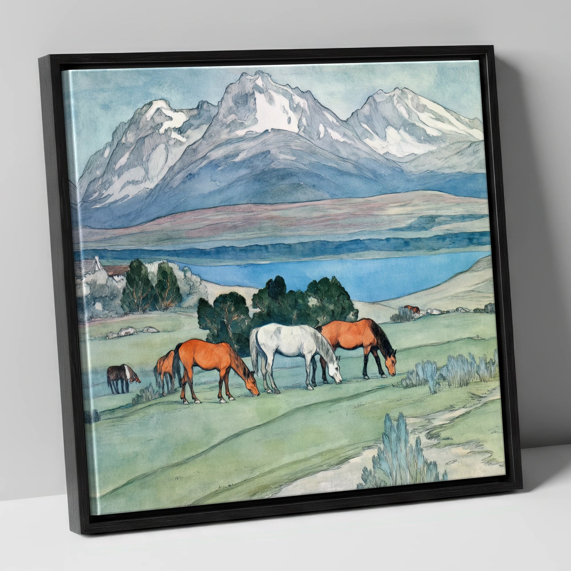 Alpine Lake Pastures horse landscape canvas wall art in black frame