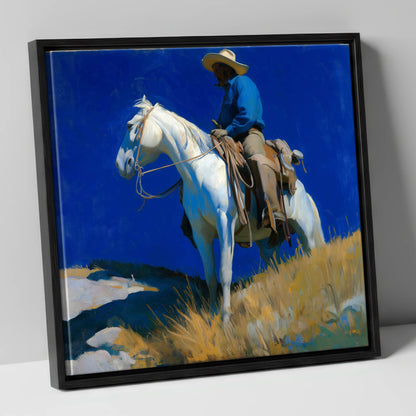 Cobalt Sky Rider western horse canvas wall art in black frame