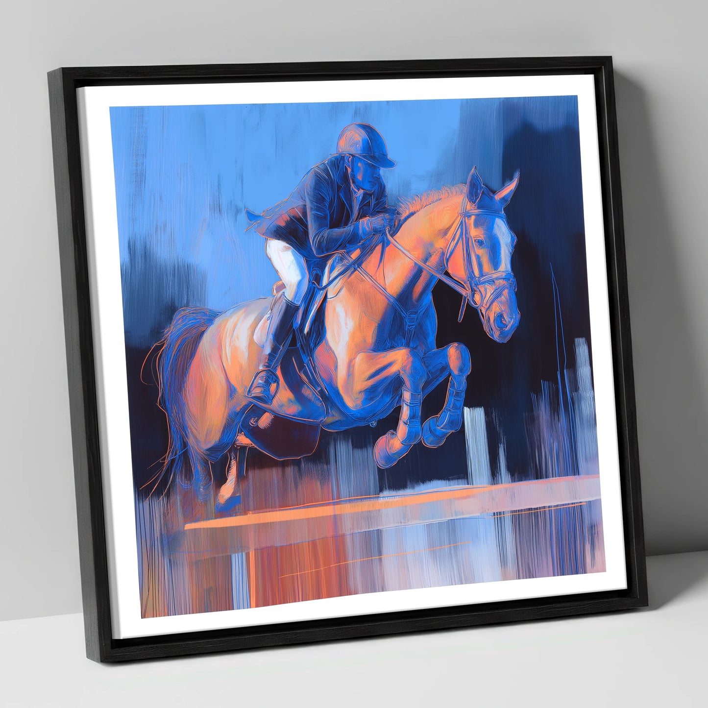 Cobalt Ascent show jumping horse canvas wall art in black frame