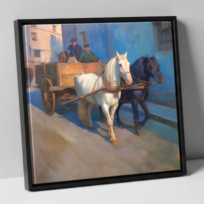 Sunlit Draught Pair working horse canvas wall art in black frame