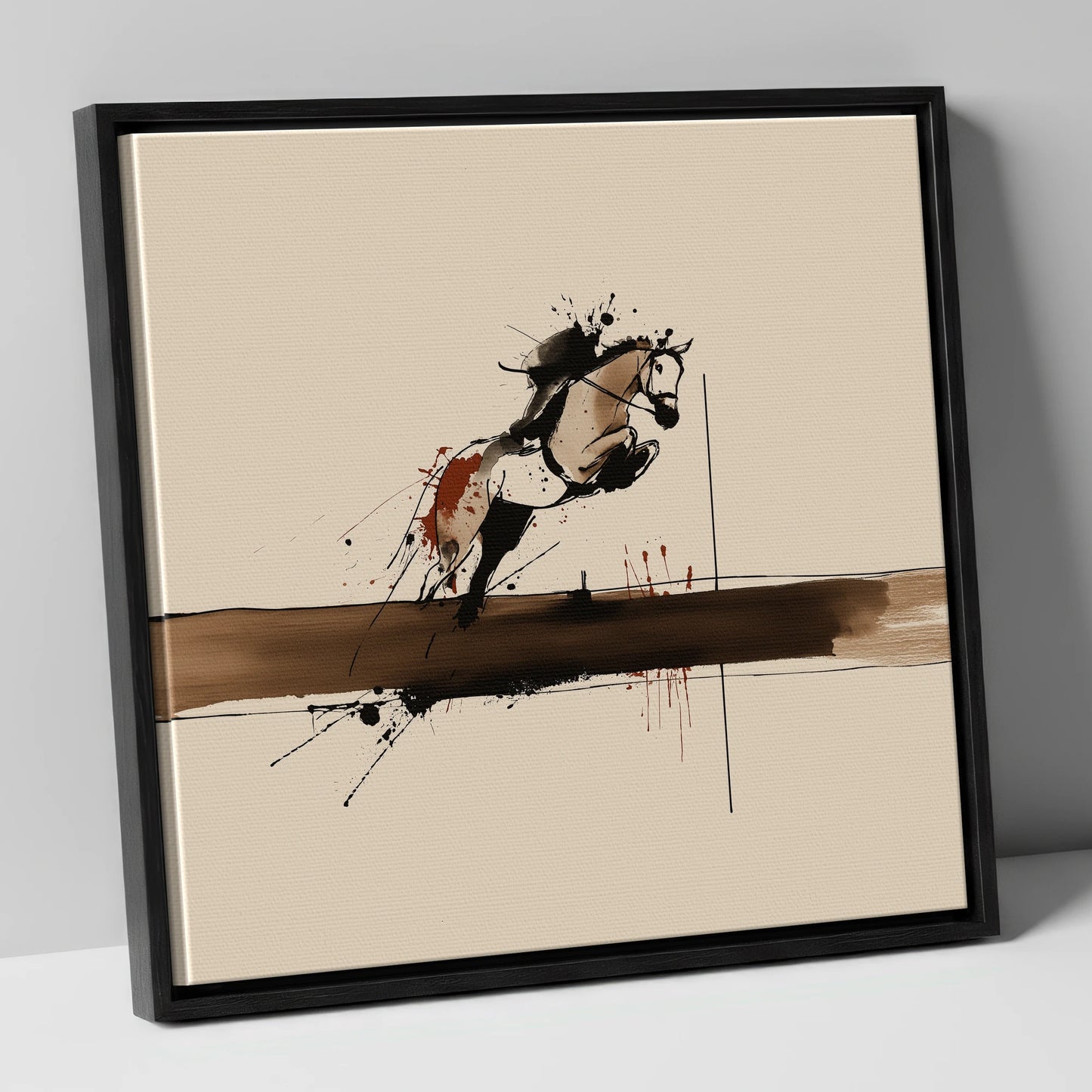 Moment of Suspension show jumping horse canvas wall art in black frame