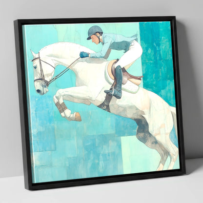 Airborne in Aquamarine show jumping horse canvas wall art in black frame