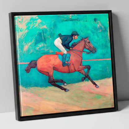 Rhythm in Emerald racing horse canvas wall art in black frame