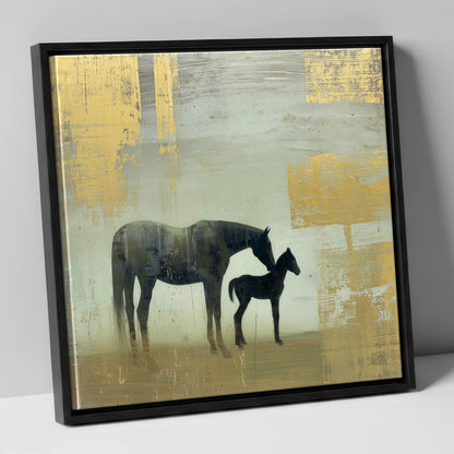 Gilded Maternal Bond mare & foal canvas wall art in black frame
