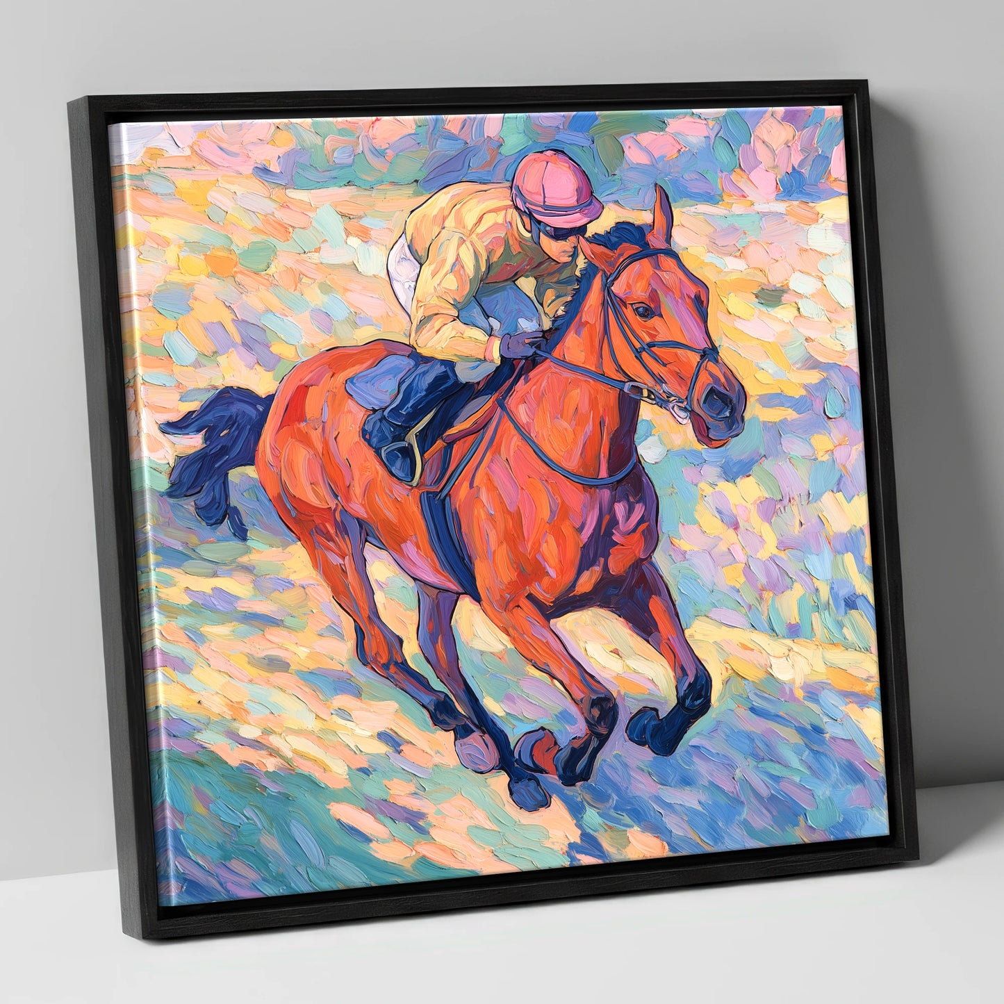 Vibrant Final Furlong racing horse canvas wall art in black frame