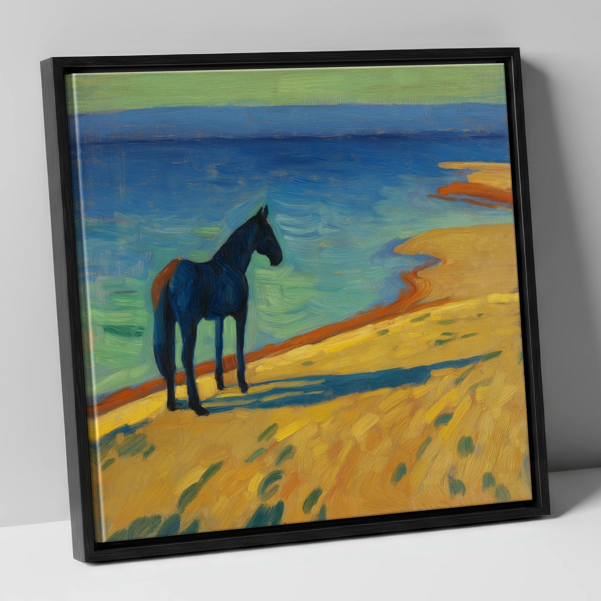 Shoreline Stillness horse landscape canvas wall art in black frame