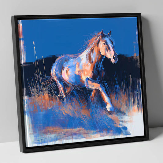 Wanderer in Blue horse landscape canvas wall art in black frame