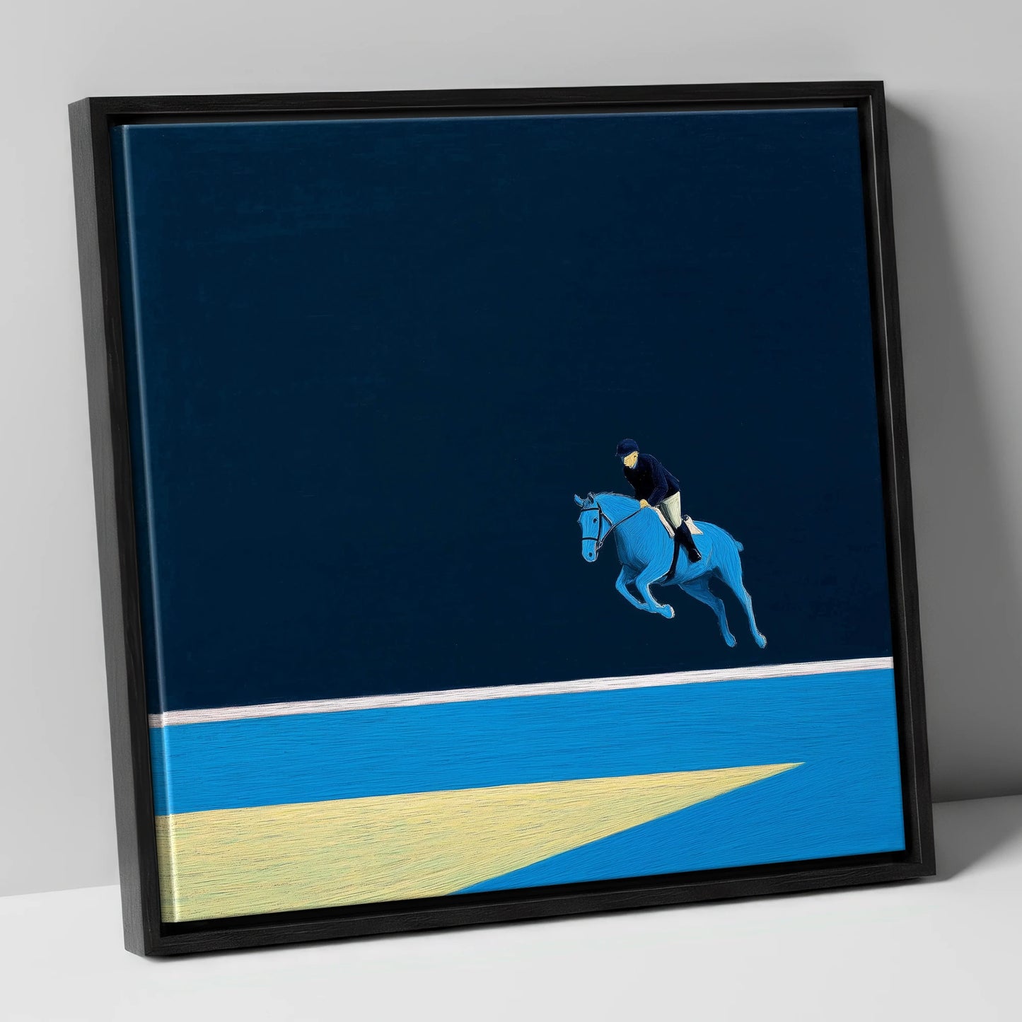 Midnight Blue Suspension show jumping horse canvas wall art in black frame