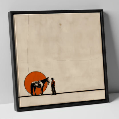 Frontier Sun Silhouette western horse canvas wall art in black frame