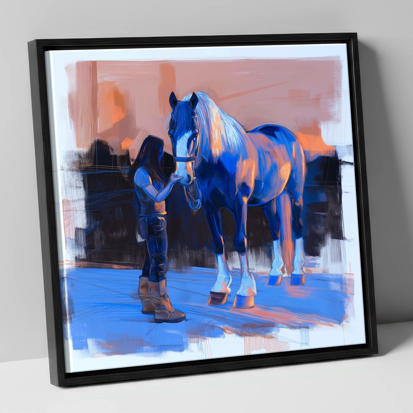 The Gentle Bond horse & rider canvas wall art in black frame