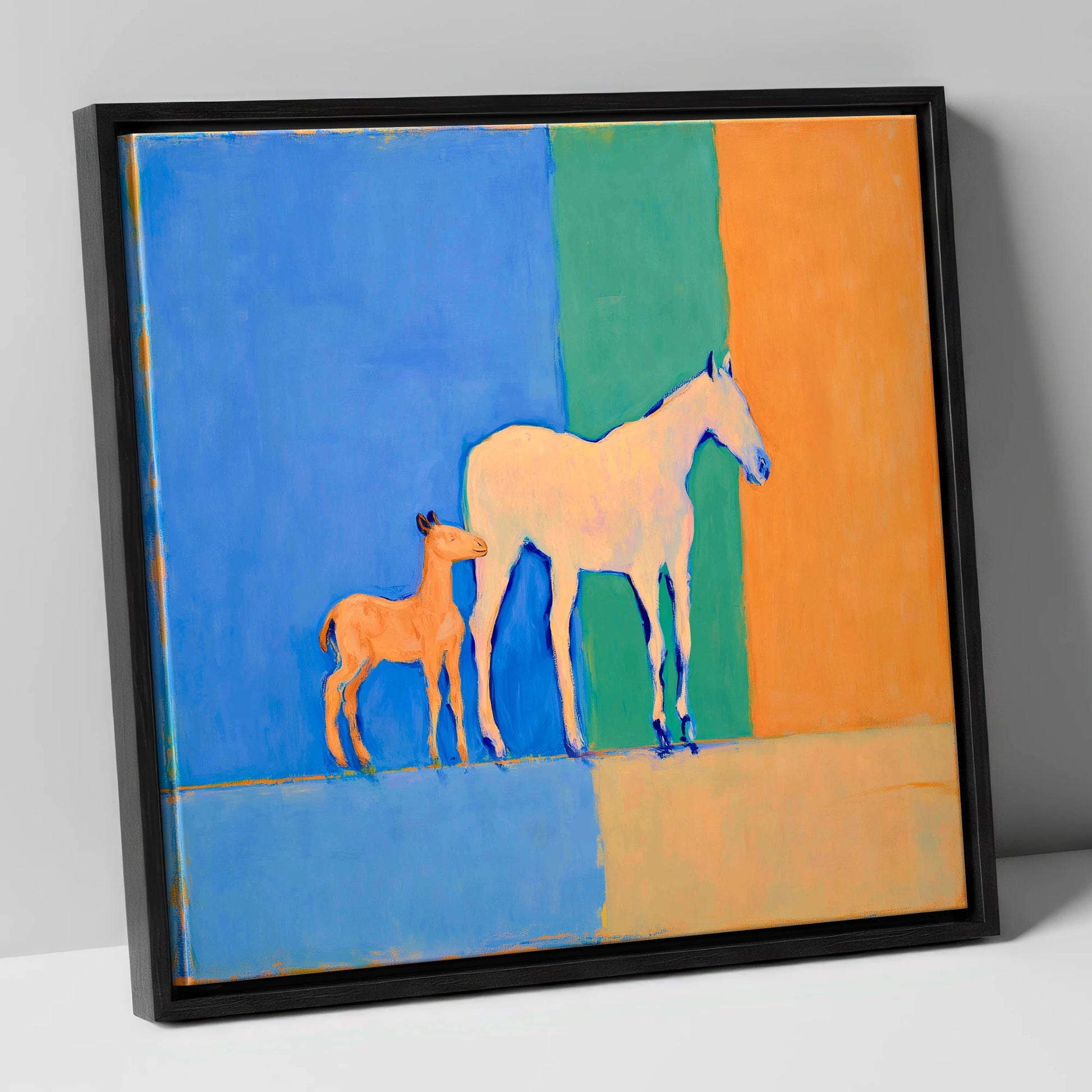 Cobalt and Terracotta Bond mare & foal canvas wall art in black frame
