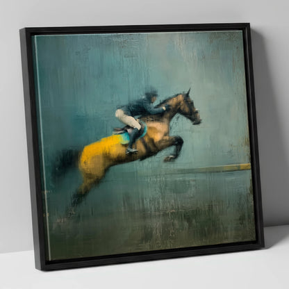 Suspended Energy show jumping horse canvas wall art in black frame