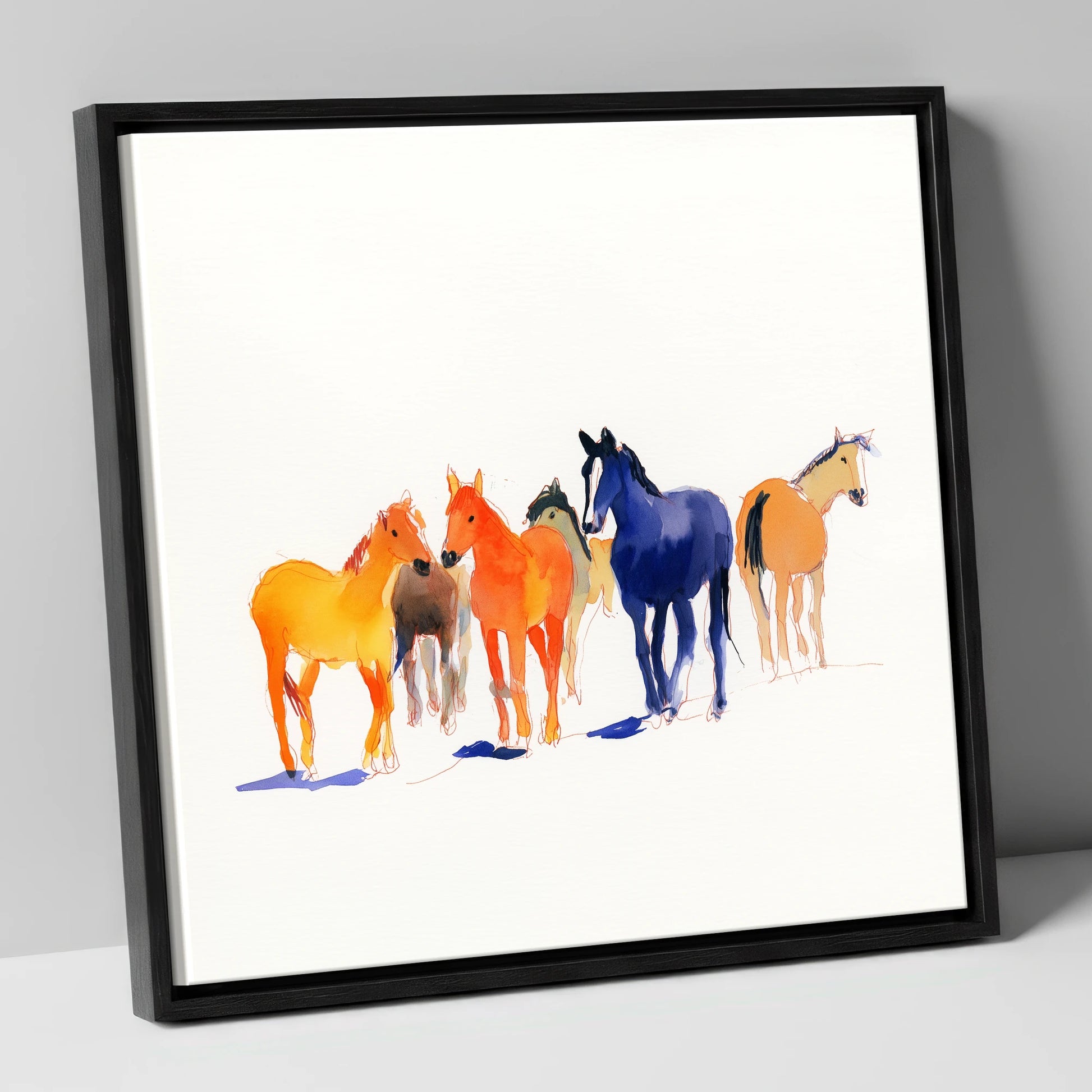 Vibrant Herd horse landscape canvas wall art in black frame