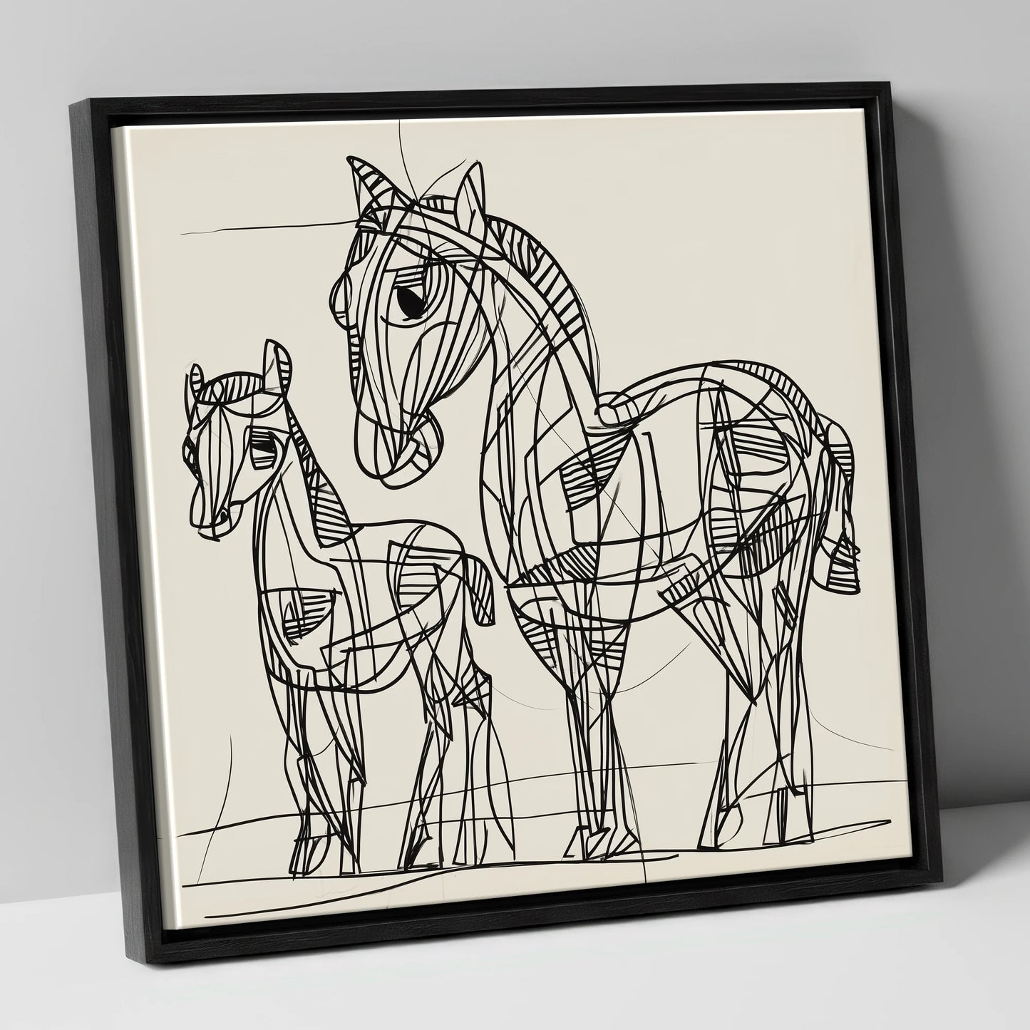 Linear Equine Bond mare & foal canvas wall art in black frame