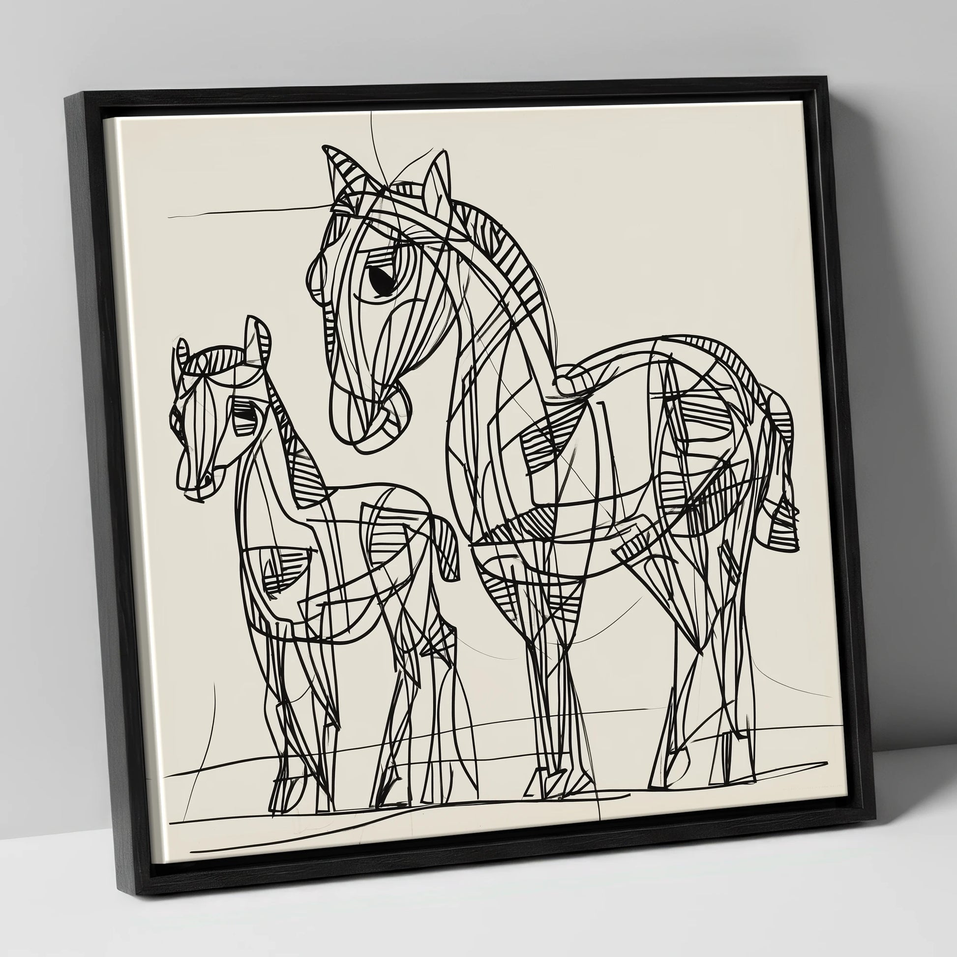 Linear Equine Bond mare & foal canvas wall art in black frame