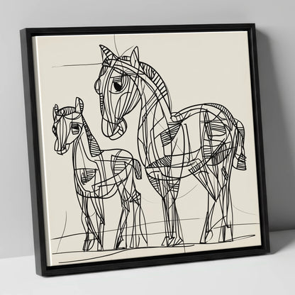 Linear Equine Bond mare & foal canvas wall art in black frame