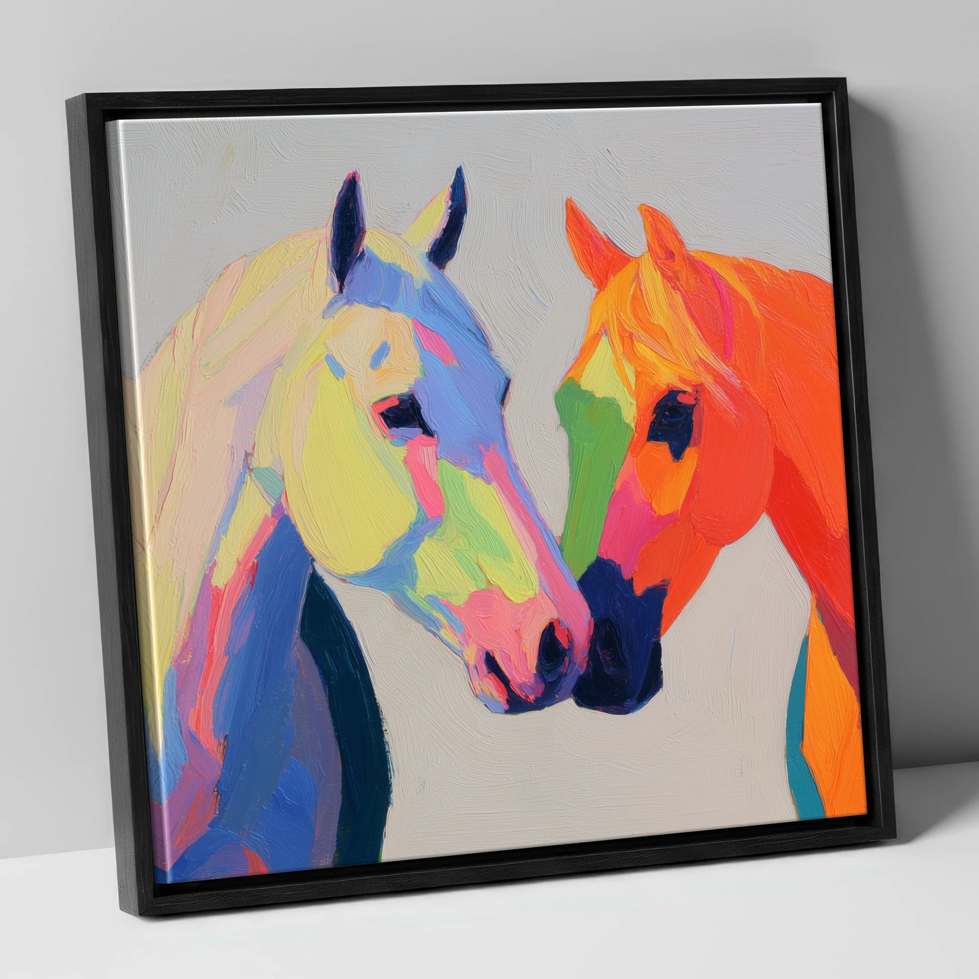 Technicolour Companions horse portrait canvas wall art in black frame