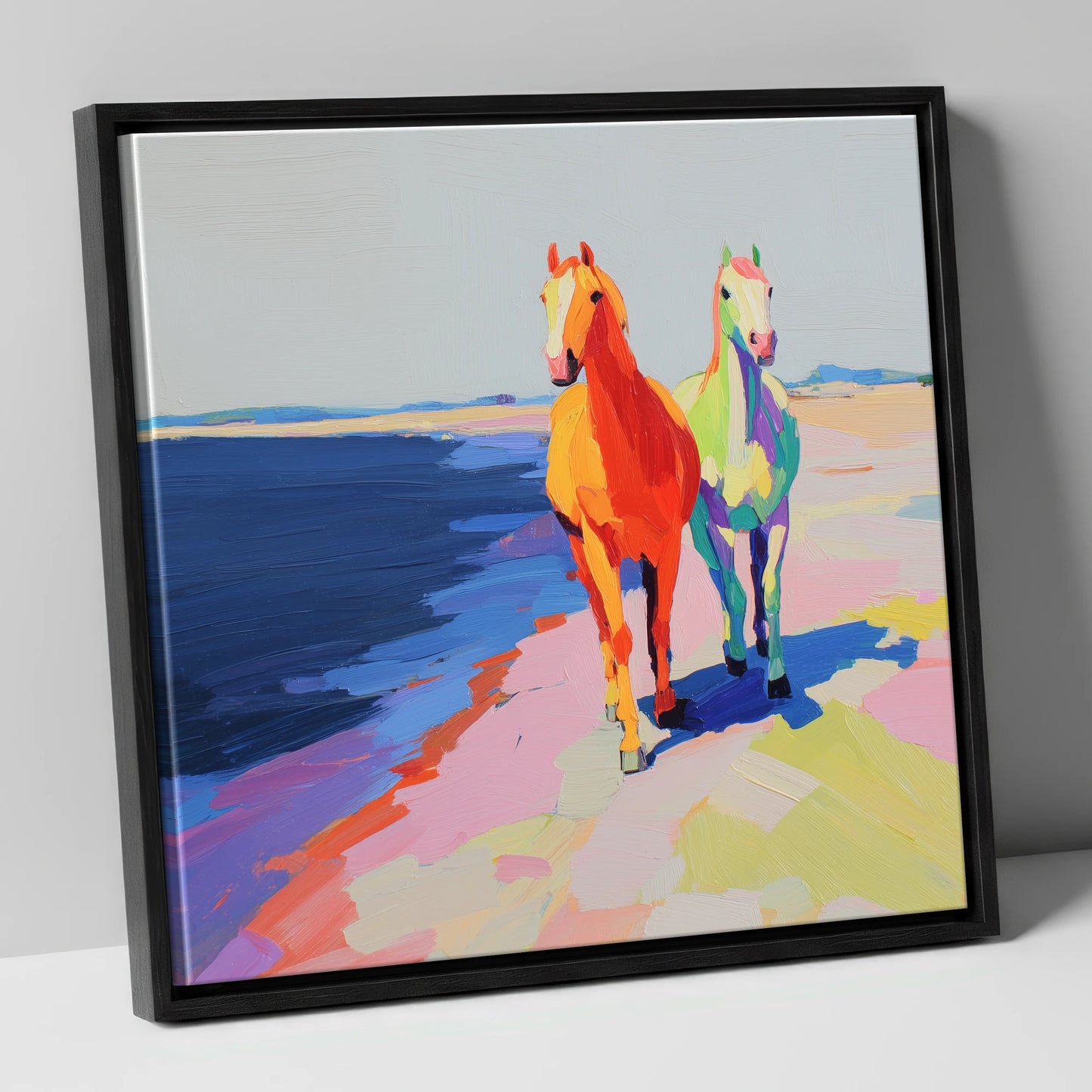 Vibrant Coastal Companions horse landscape canvas wall art in black frame