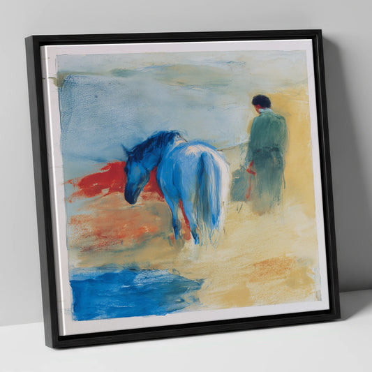 The Cobalt Companion horse & rider canvas wall art in black frame