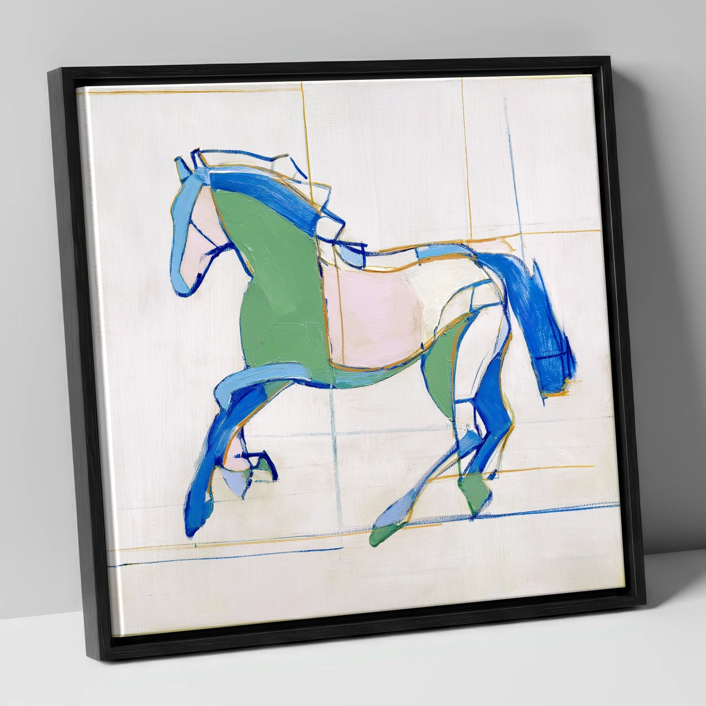 Azure and Emerald Canter horse portrait canvas wall art in black frame