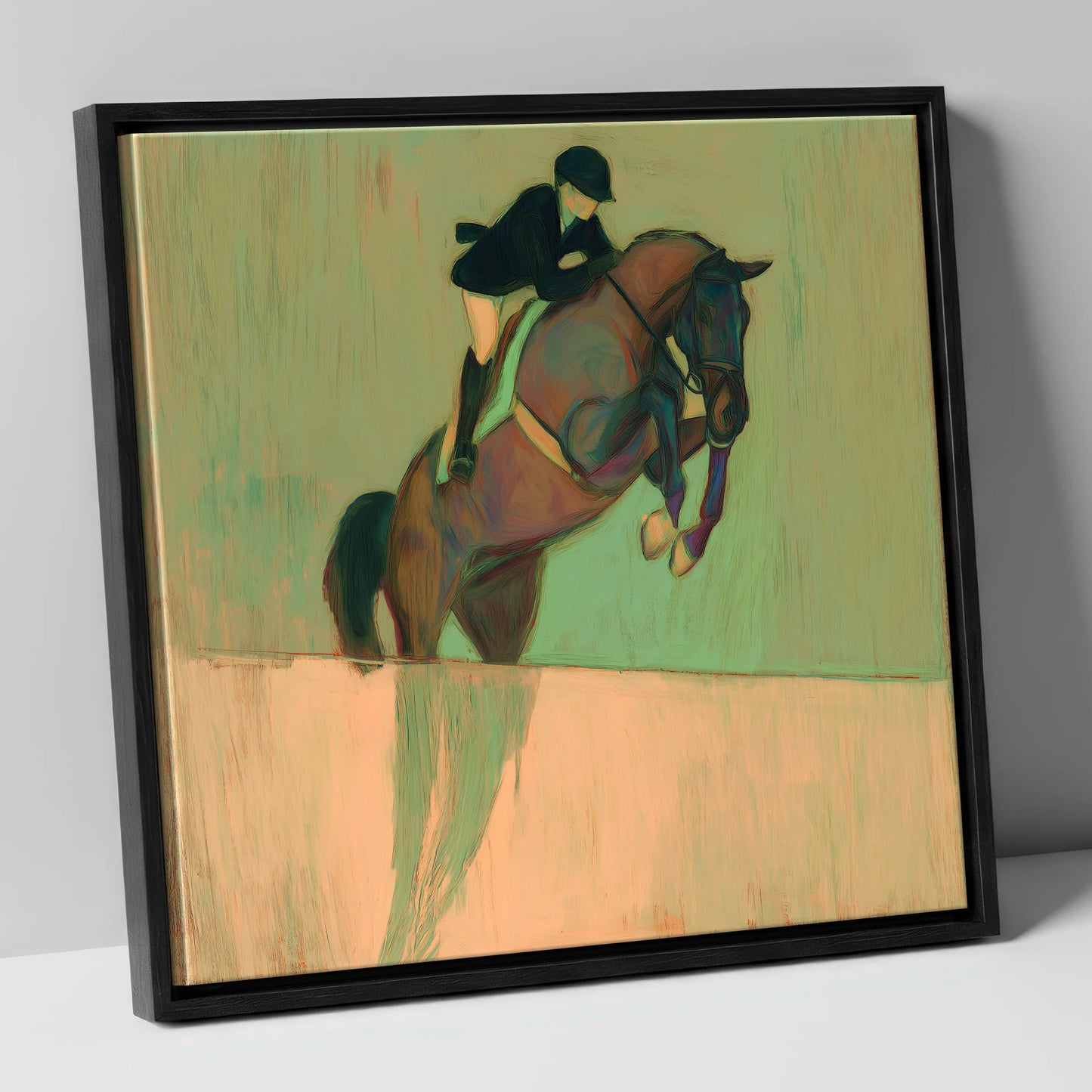 Suspension in Sage show jumping horse canvas wall art in black frame