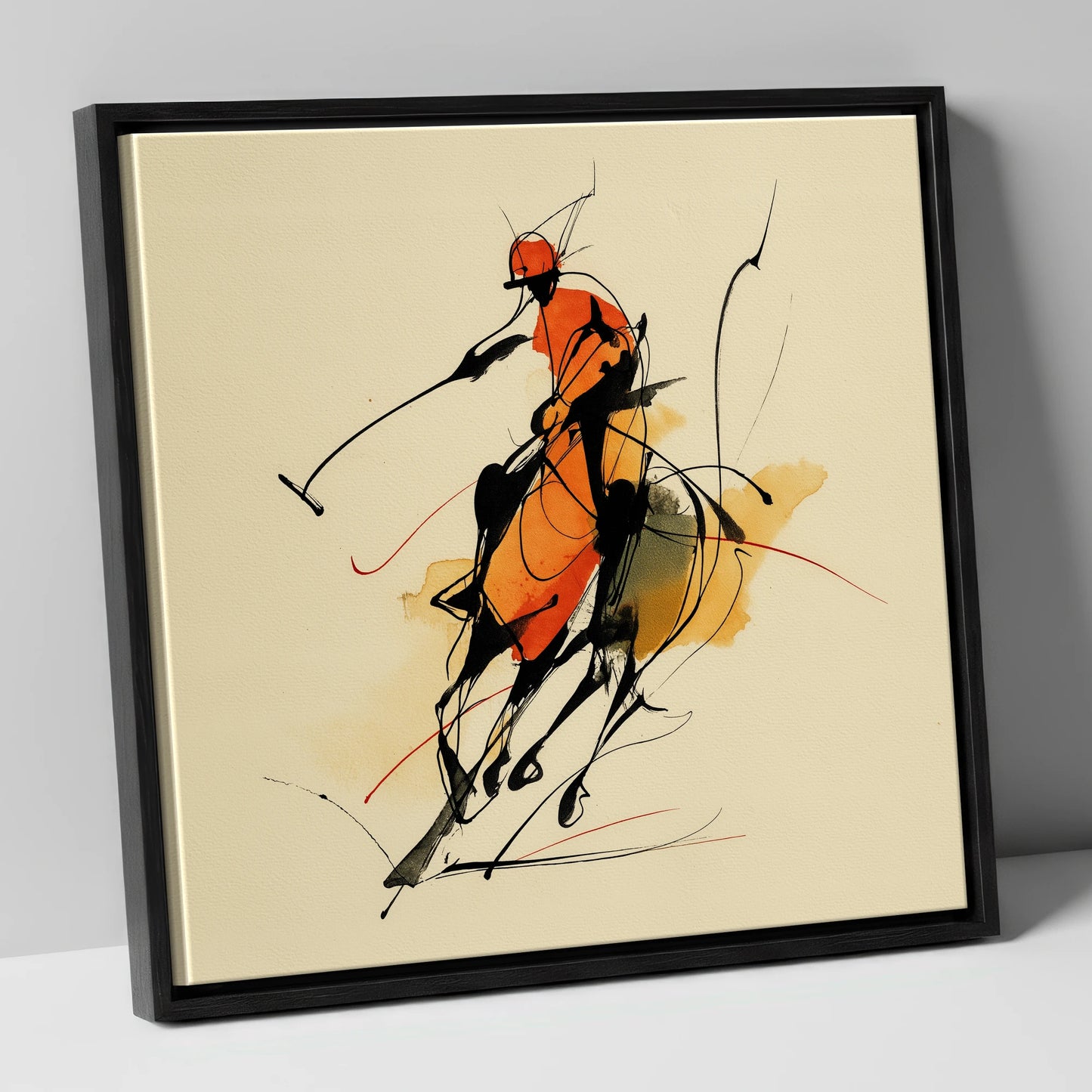 The Decisive Strike polo horse canvas wall art in black frame