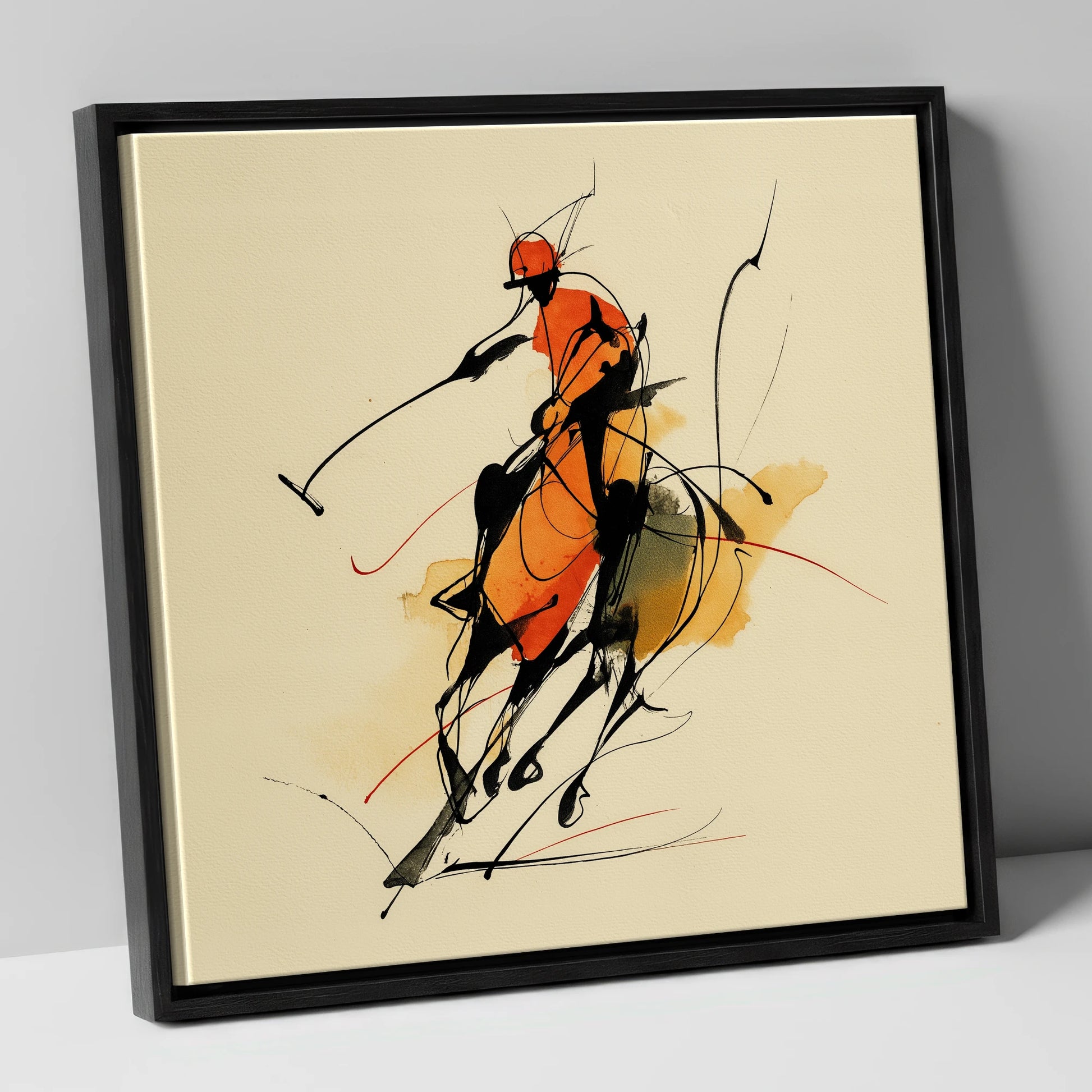 The Decisive Strike polo horse canvas wall art in black frame