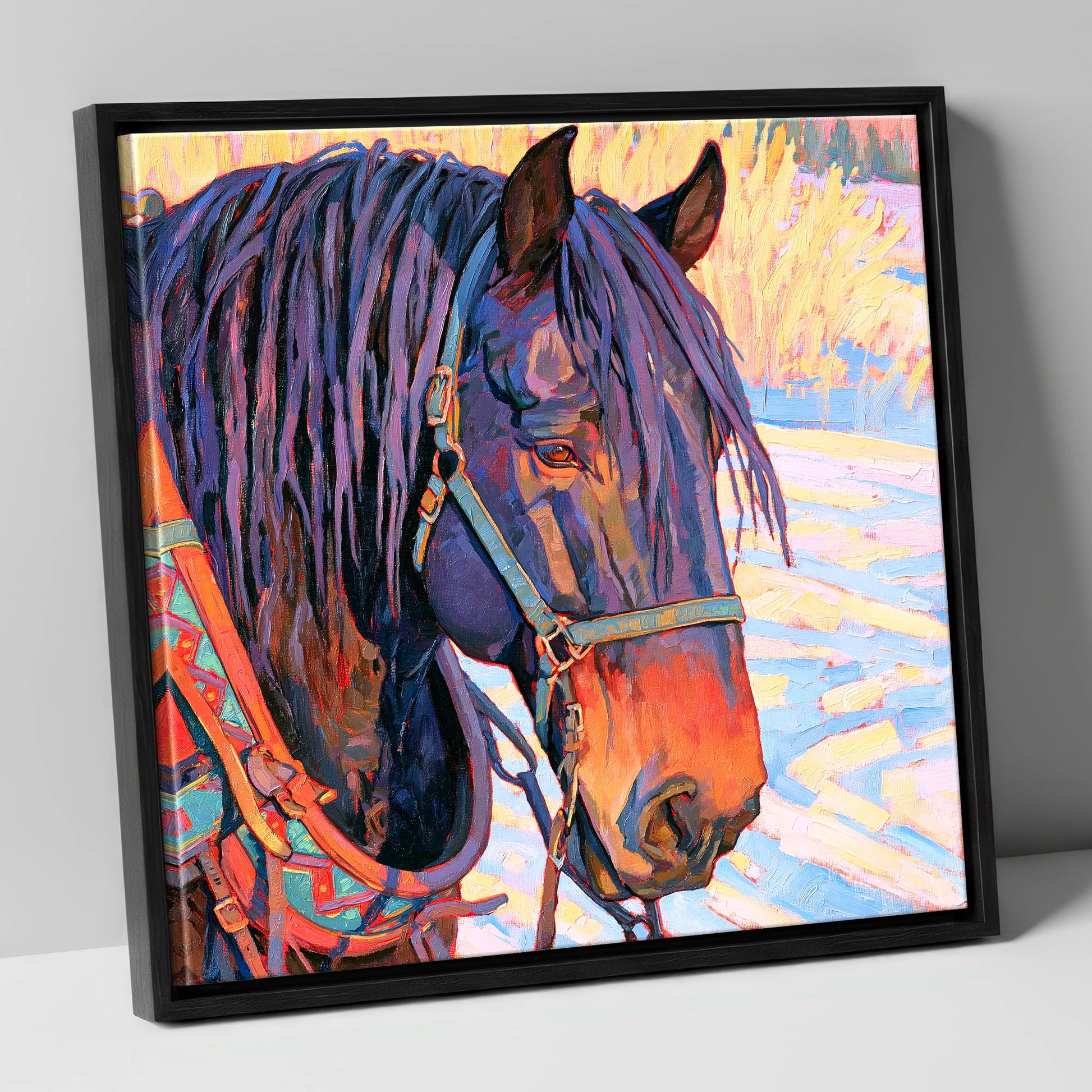 Vibrant Heavy Horse In Winter Light horse breed canvas wall art in black frame