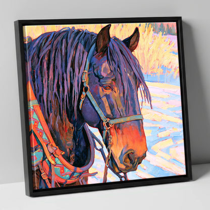 Vibrant Heavy Horse In Winter Light horse breed canvas wall art in black frame