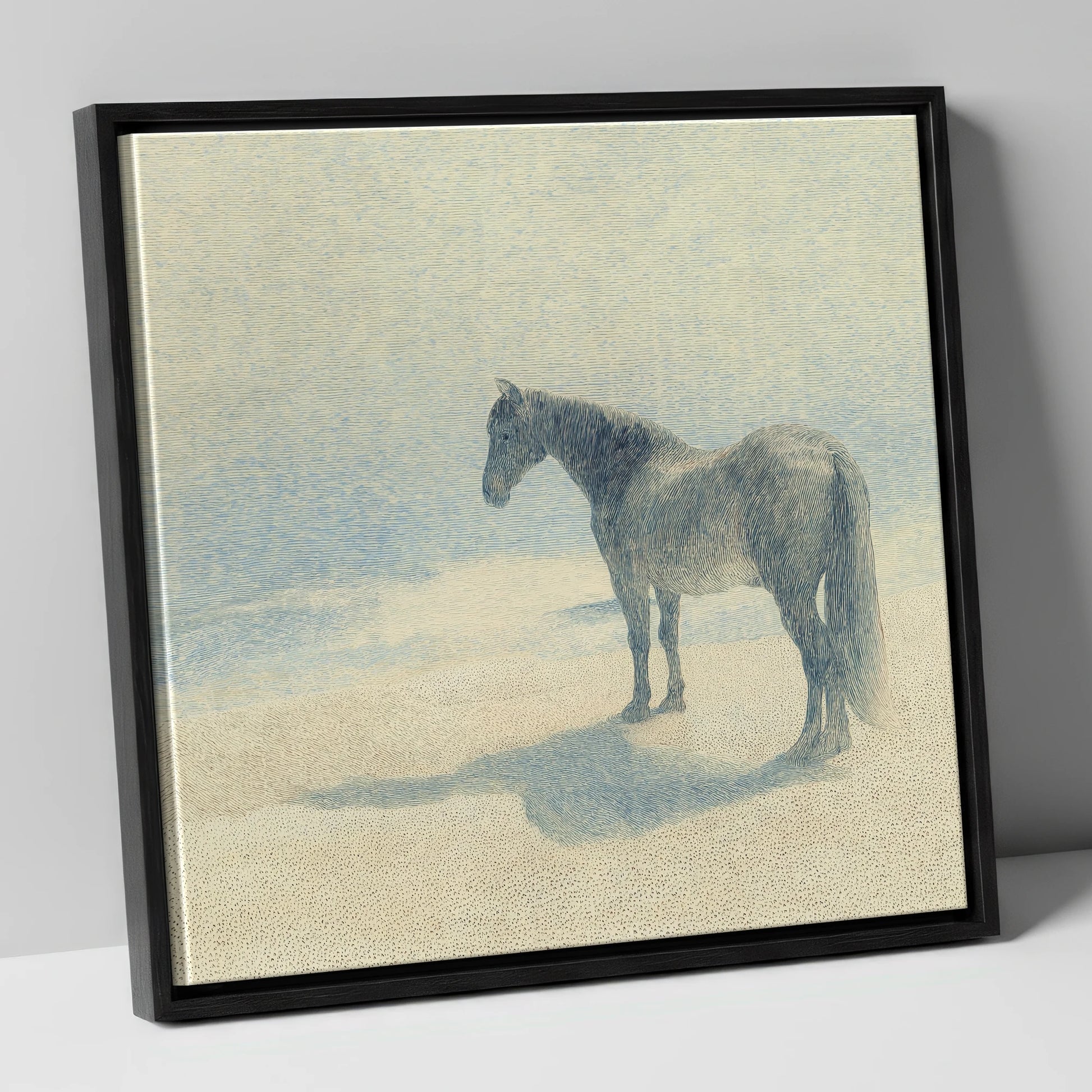 Stillness in Slate horse landscape canvas wall art in black frame
