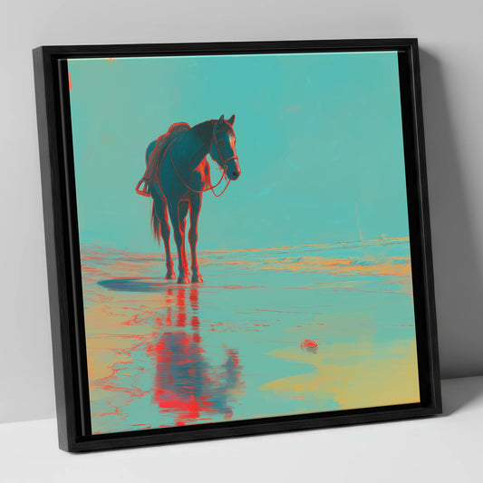 Neon Tide Reflection horse landscape canvas wall art in black frame