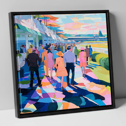 Vibrant Grandstand Parade racing horse canvas wall art in black frame